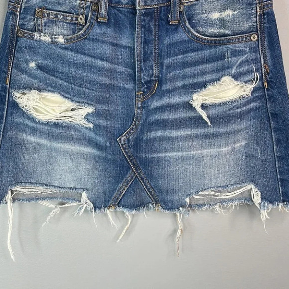 AMERICAN EAGLE Denim Mini Skirt Blue MidWash Distressed Button Fly Western 2 - Picture 5 of 11